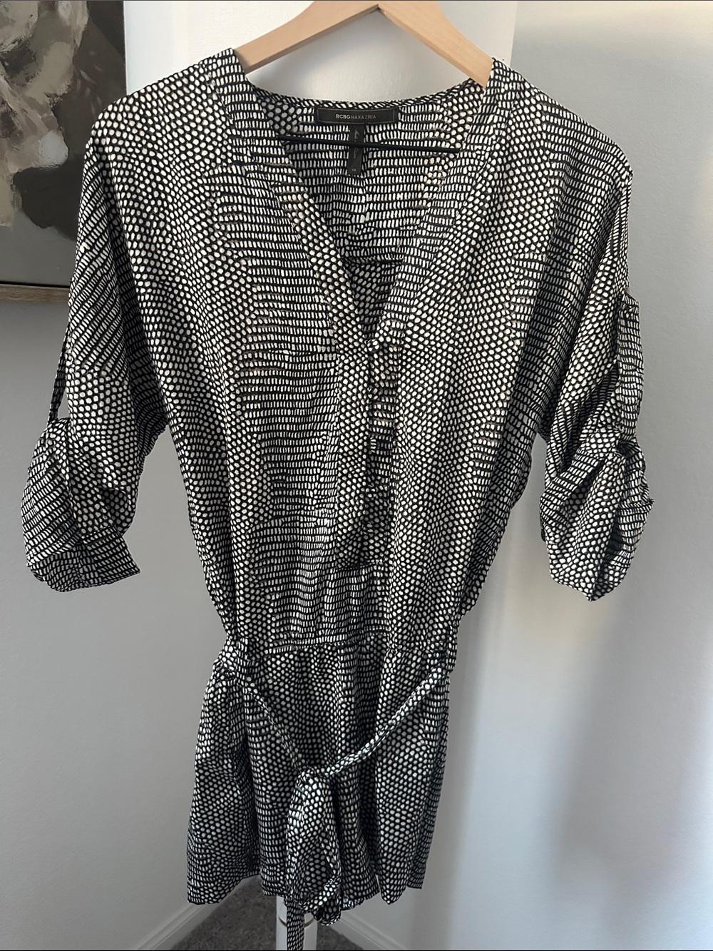 BCBGMaxAzria Black and White Printed V-Neck Romper